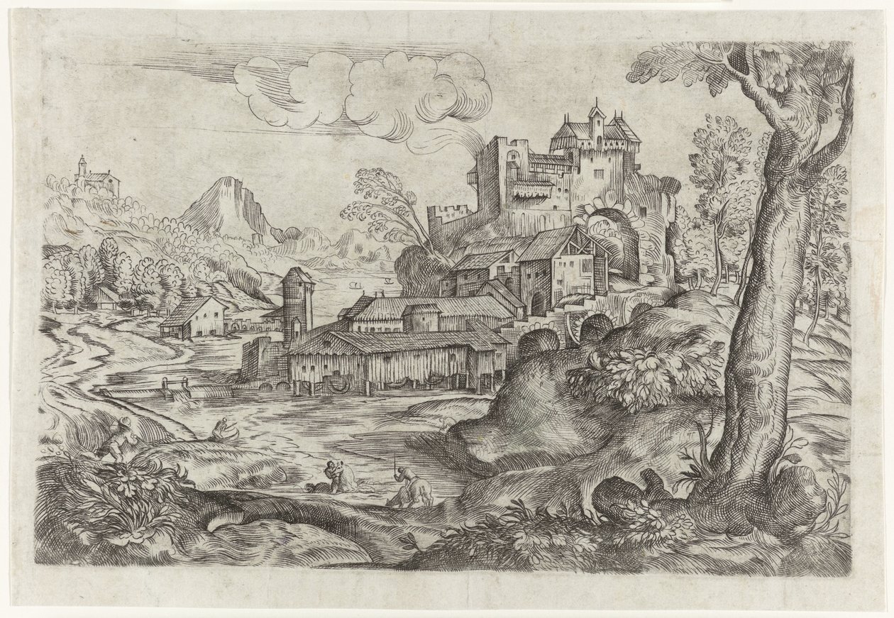 Paysage avec rivière et château - Angelo Falconetto (attributed to)