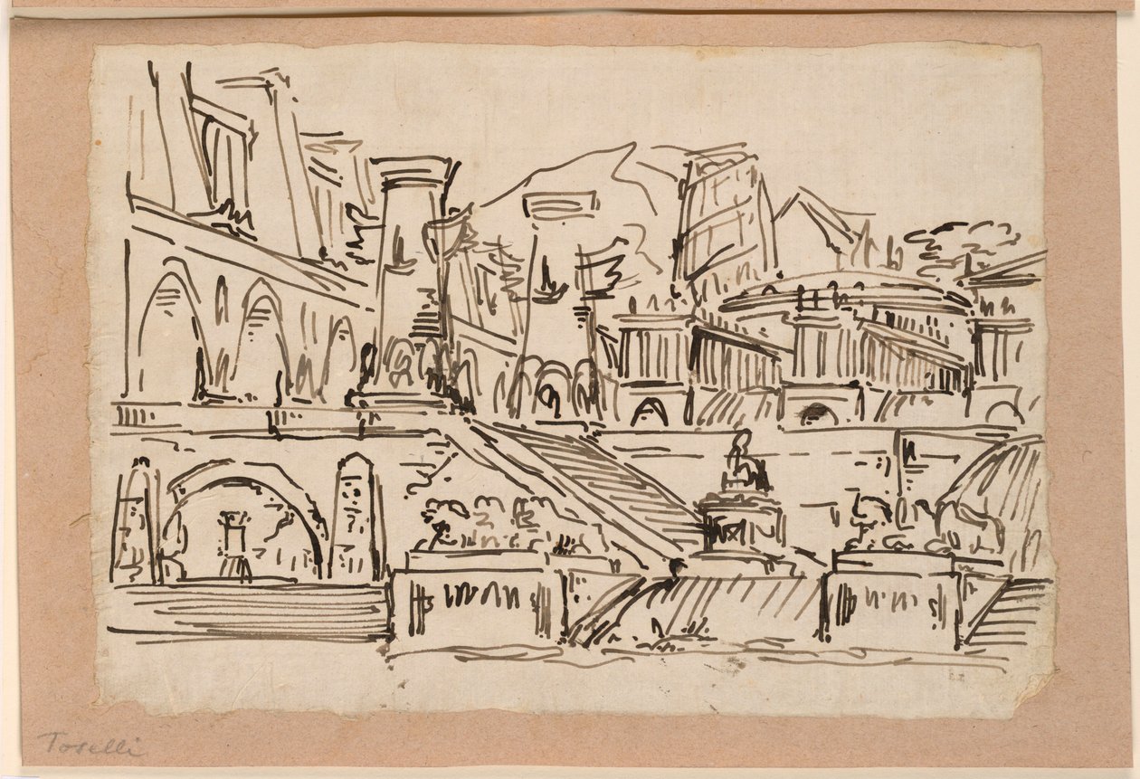 Décor de scène, groupe de bâtiments antiques - Angelo Toselli