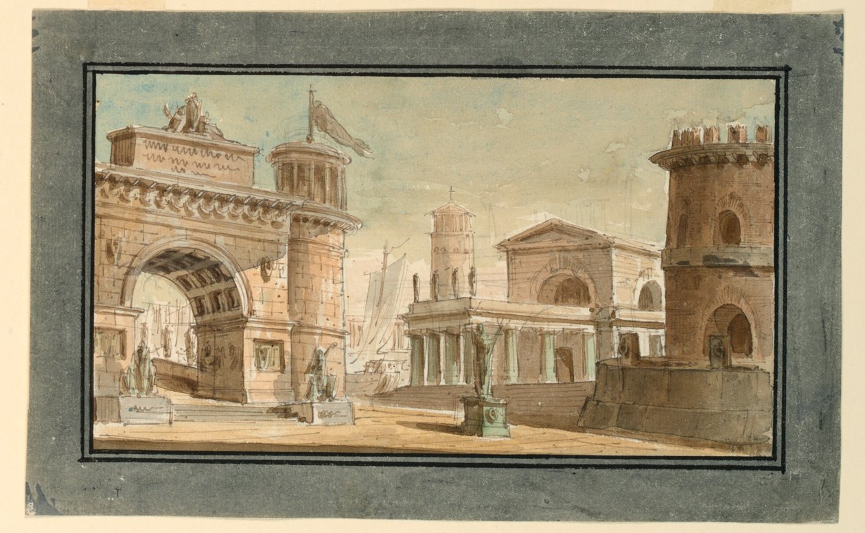 Décor de scène, groupe de bâtiments près du port - Angelo Toselli