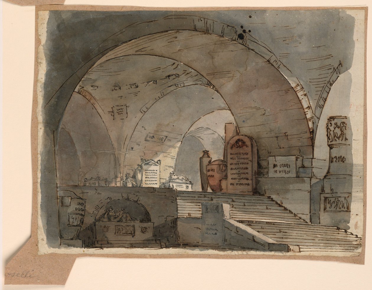 Décor de scène, espace voûté souterrain avec tombes - Angelo Toselli