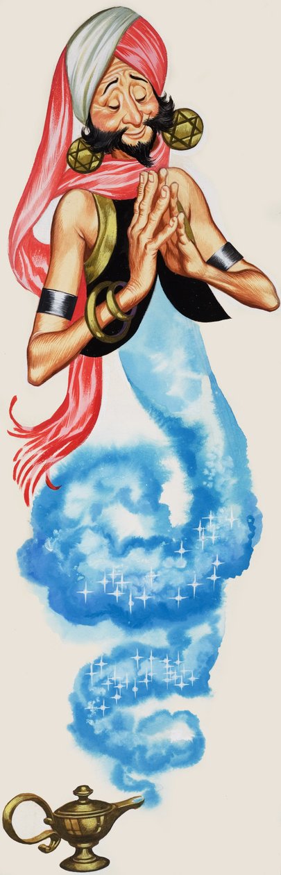 Génie sortant de sa lampe, illustration de "Aladin et sa lampe merveilleuse" (gouache sur papier) - Angus McBride