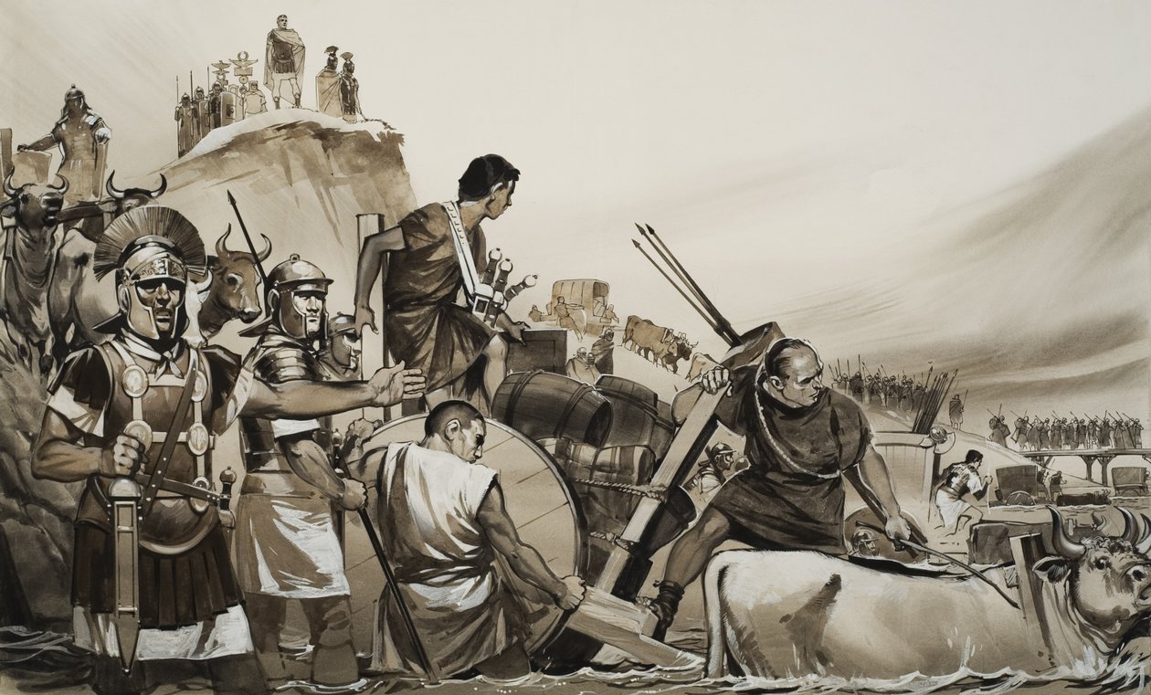 Jules César (100-44 av. J.-C.) conduit ses soldats à travers le petit fleuve Rubicon et marche sur Rome (gouache sur papier) - Angus McBride