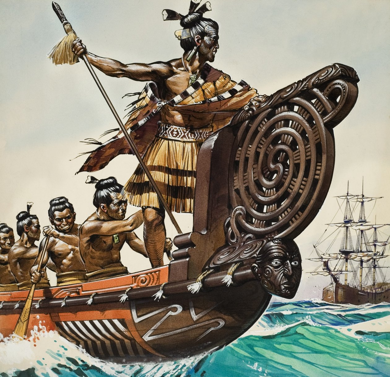 Les indigènes et le capitaine Cook (1728-79) (gouache sur papier) - Angus McBride