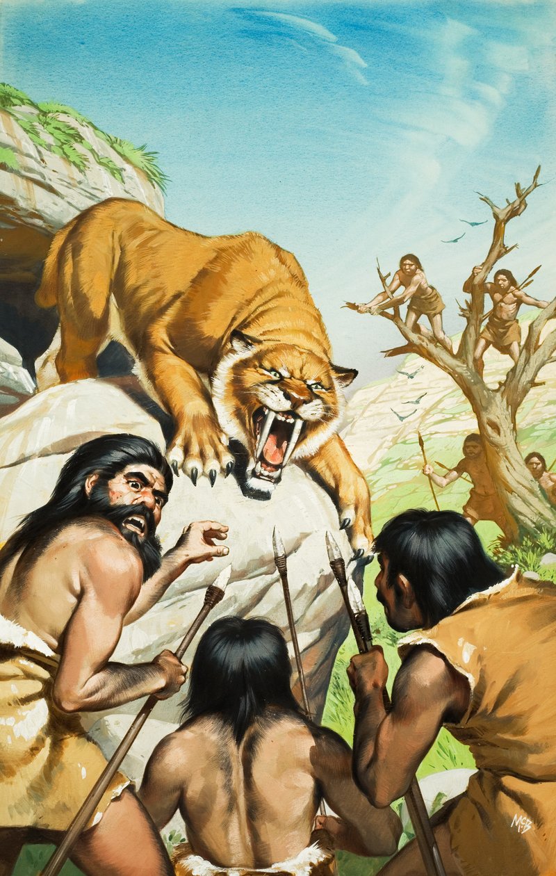 Tigre à dents de sabre et hommes des cavernes (gouache sur papier) - Angus McBride