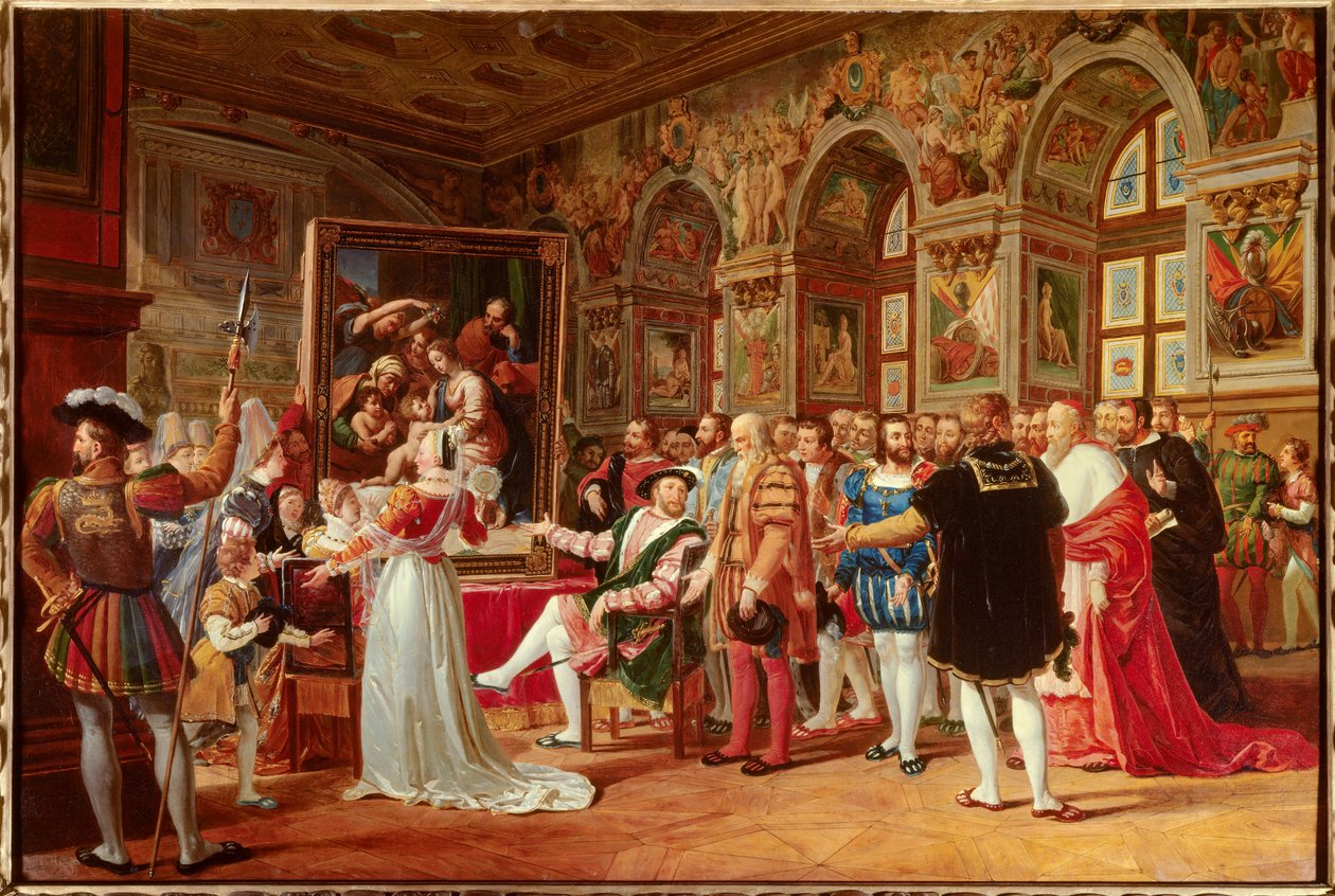 Le siècle de François 1er : François 1er Roi de France reçoit la peinture de la Sainte Famille à Fontainebleau, envoyée de Rome par Raphaël en hommage à sa gratitude - Anicet Charles Gabriel Lemonnier
