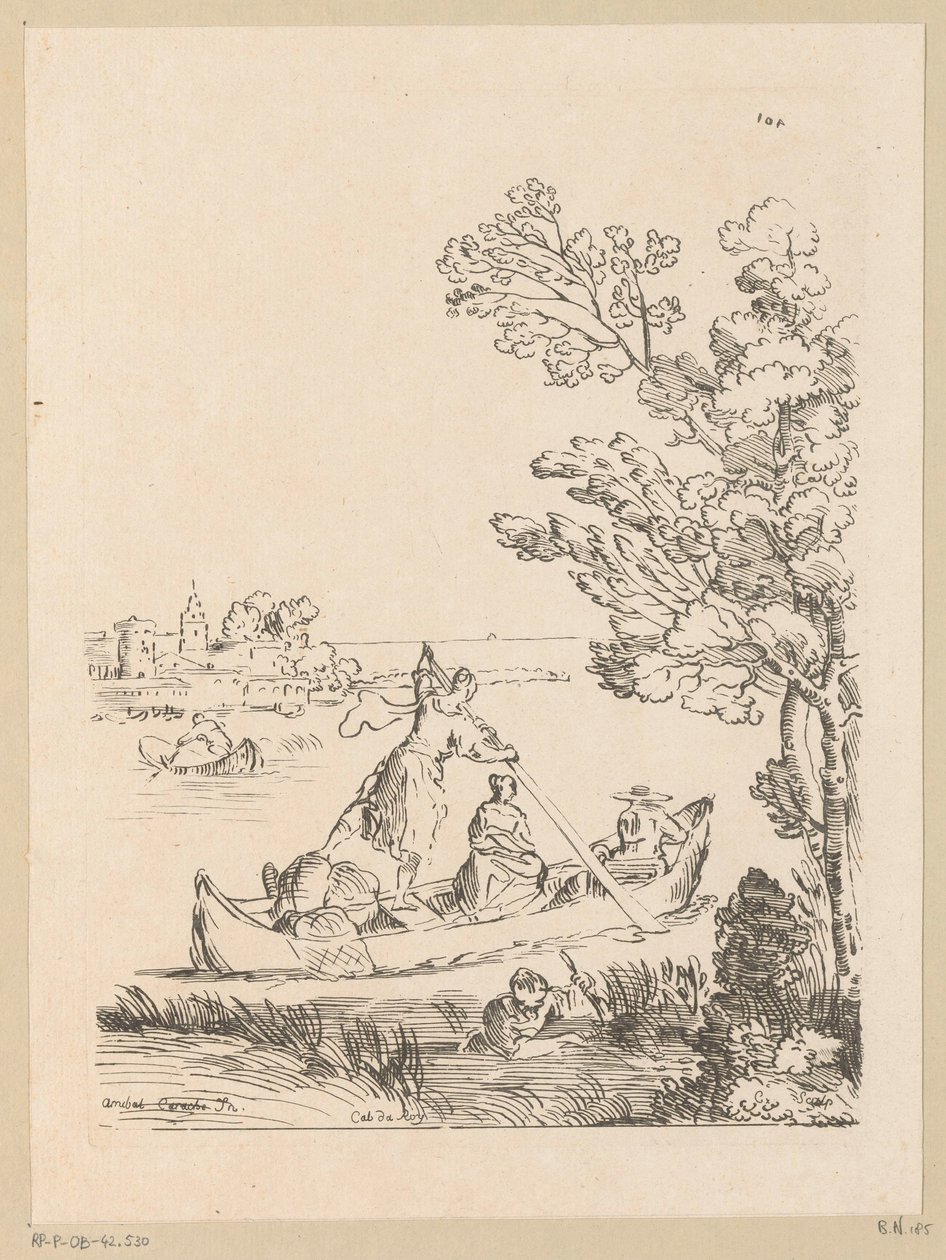 Paysage fluvial avec un bateau ramé par une femme, Cabinet du Roy (titre de la série sur l