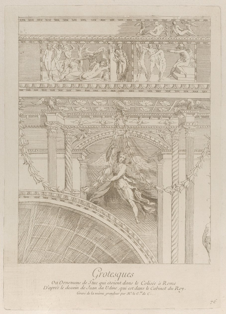 Grotesques : détail des reliefs en stuc décorant le Colisée à Rome, avec une aile... - Anne Claude Philippe de Caylus