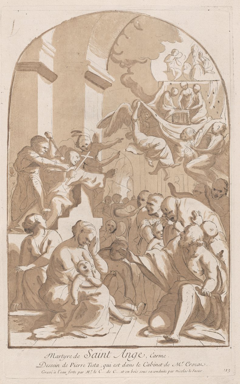 Le martyre de Saint Angelo qui en haut à gauche est poignardé regardé par horrifié - Anne Claude Philippe de Caylus