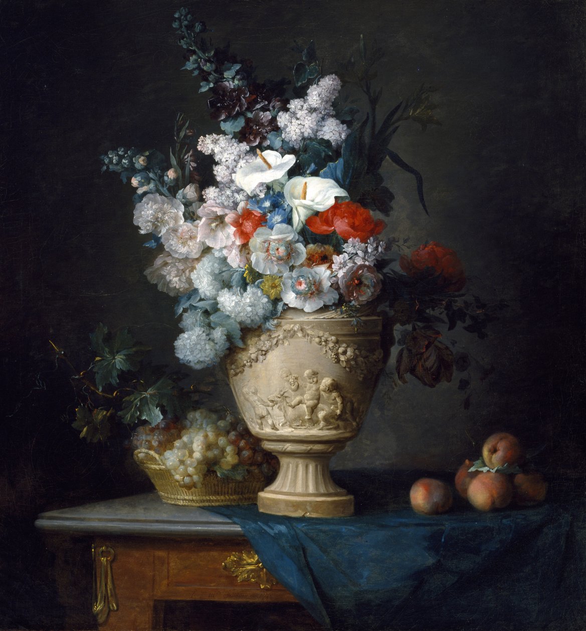 Bouquet de fleurs dans un vase en terre cuite avec des pêches et des raisins - Anne Vallayer Coster