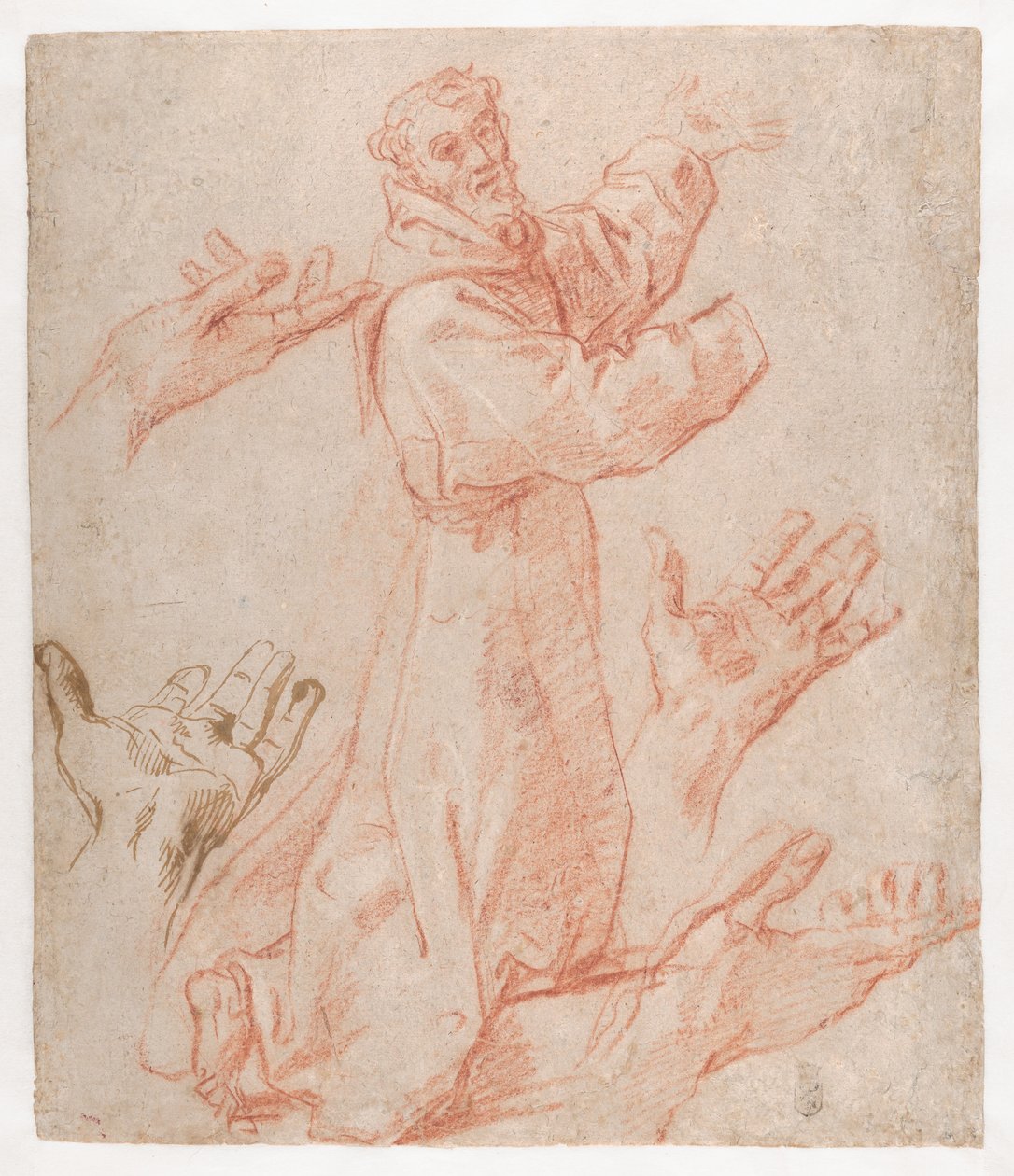 Carracci - Études pour une figure de saint François agenouillé en vue trois-quarts et pour ses mains (recto), 1583-85 - Annibale Carracci