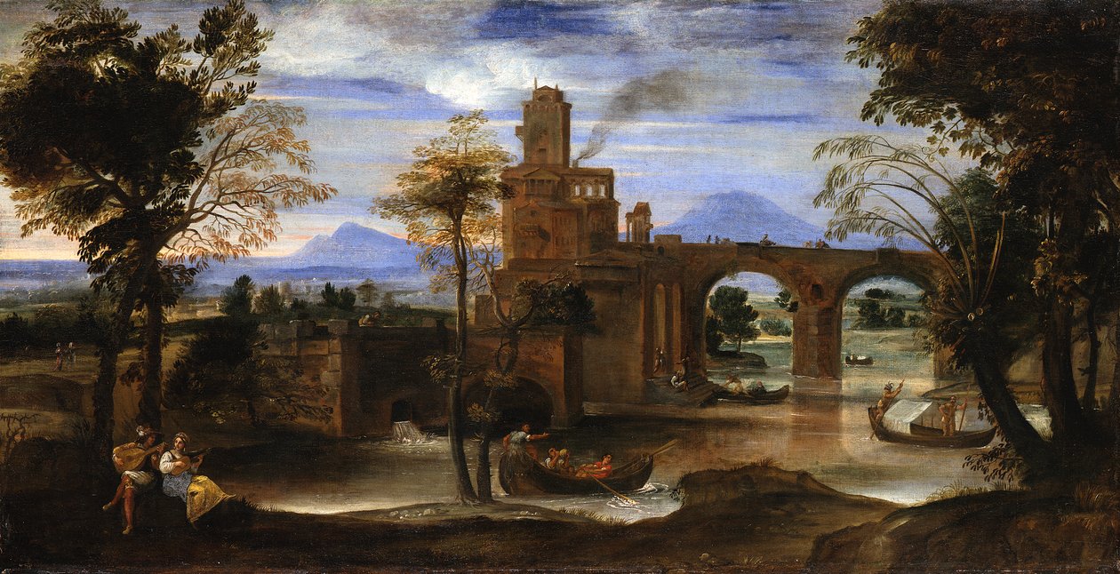 Paysage fluvial romain avec château et pont - Annibale Carracci