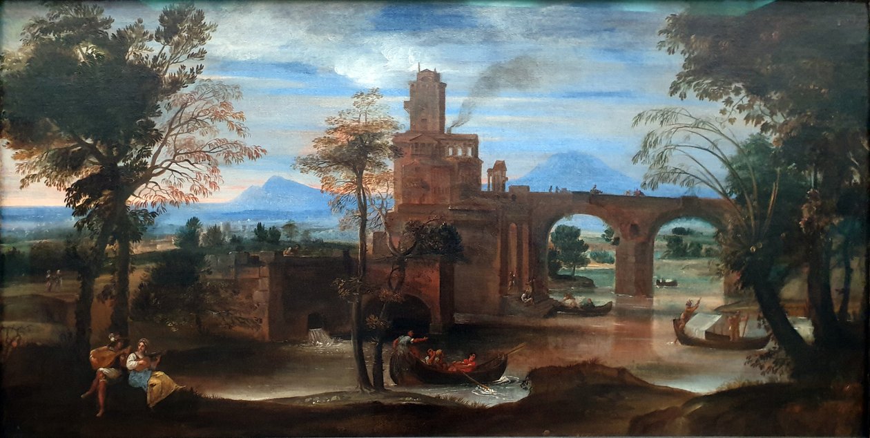 Paysage fluvial romain avec fort et pont - Annibale Carracci