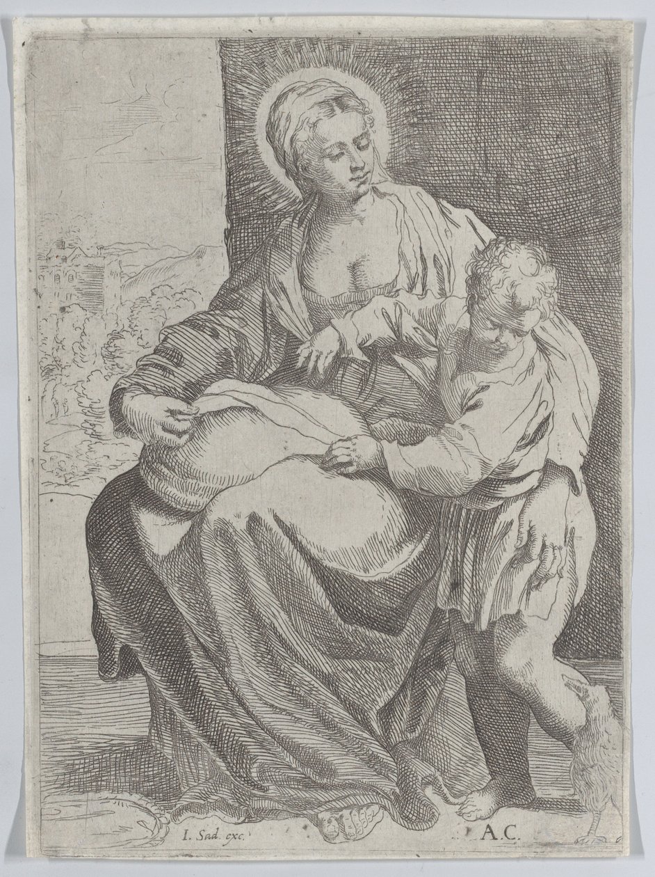 La Vierge assise tenant un oreiller sur ses genoux avec le jeune Christ debout à droite..., 1580-1600 - Annibale Carracci