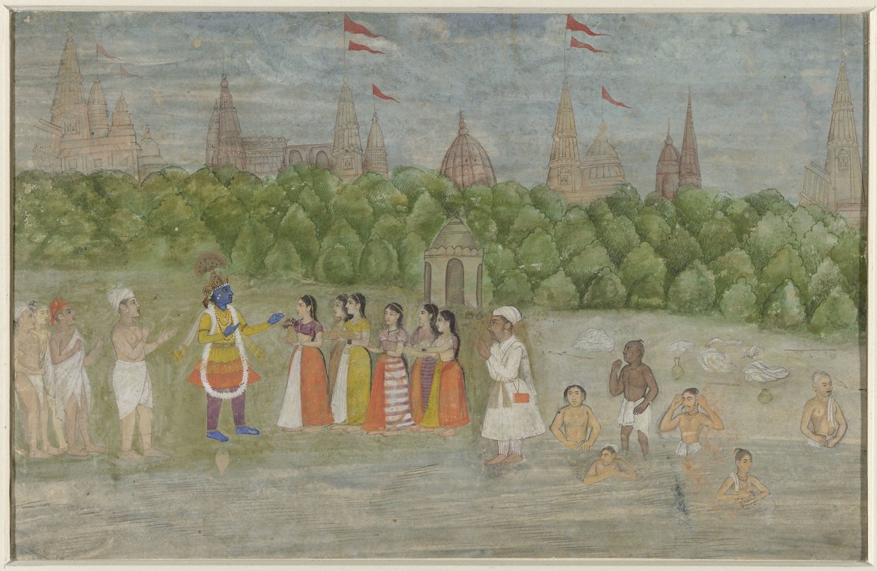 Krishna dansant avec les Gopis sur les rives de la Yamuna à Brindaban - Anonymous