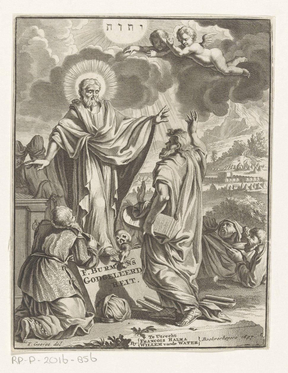 Représentation allégorique avec Christ, Moïse et figure agenouillée (Page de titre pour: Frans Burman, Godgeleerdheit, 1697) - Anonymous
