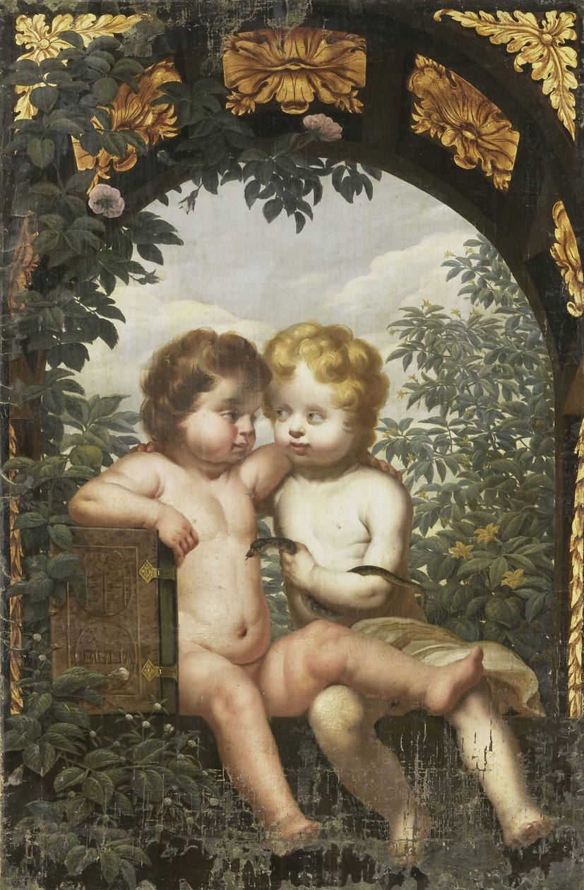 Allégorie chrétienne avec deux enfants avec une Bible et un serpent - Anonymous