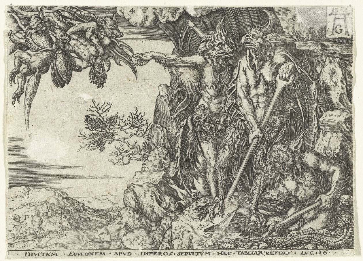 Le riche homme conduit en enfer par des démons (Parabole de Lazare et du riche) - Anonymous