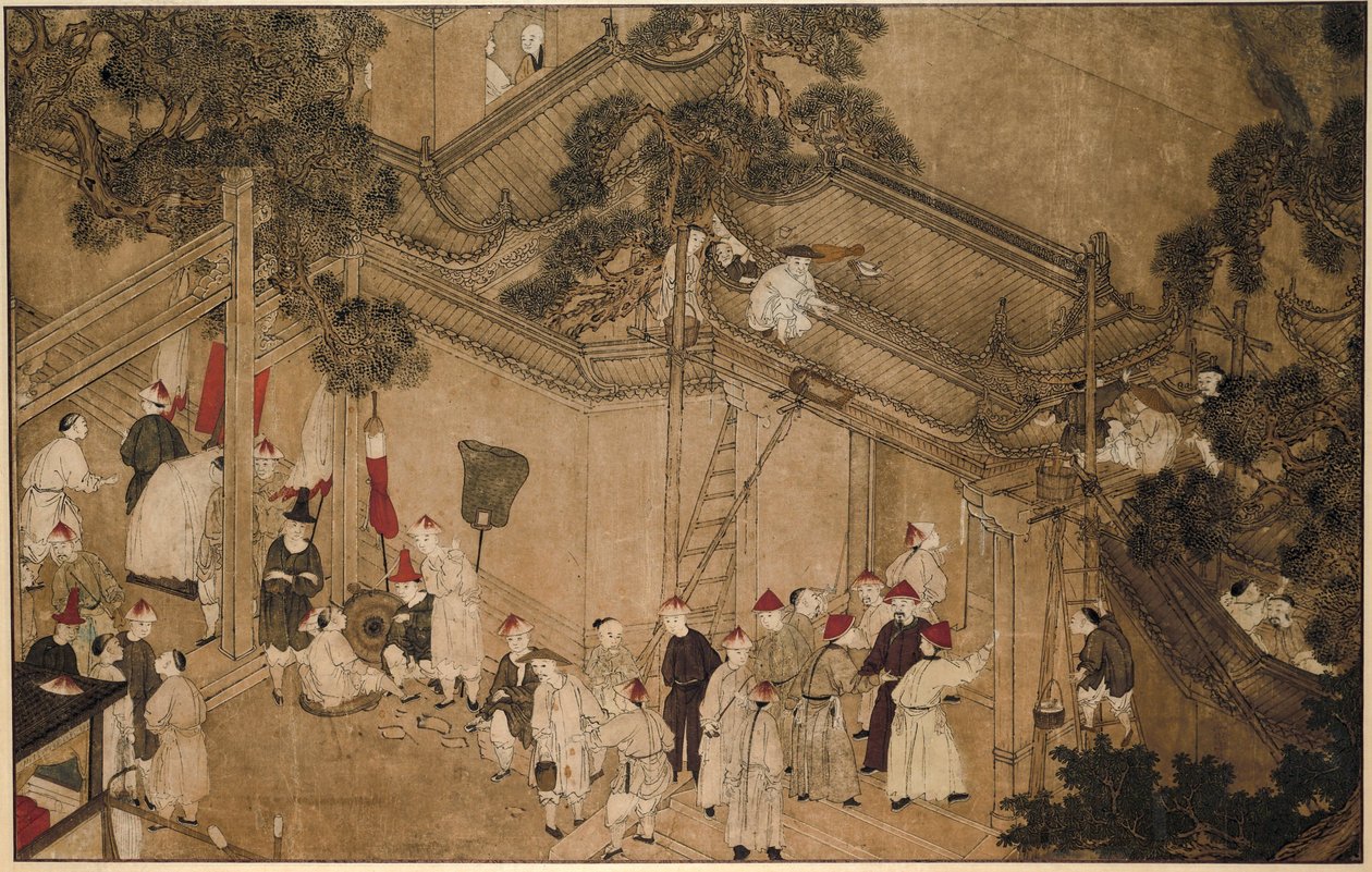 Un temple avec des ouvriers au travail (série: Les merveilles de Mazu) - Anonymous