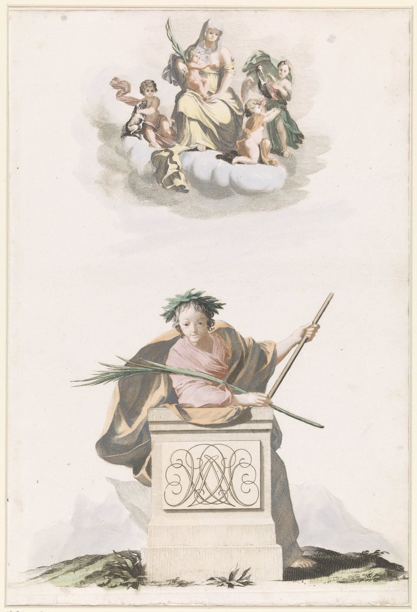Figure appuyée sur un pilier de pierre avec des initiales et Marie sur les nuages - Anonymous