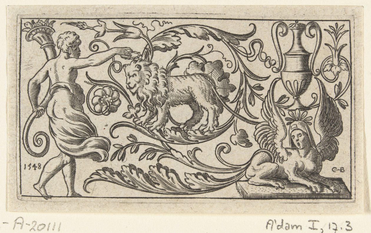 Frise avec lion (Friezen met grotesken, rolwerk, fantasiewezens, dieren en bladranken) - Anonymous