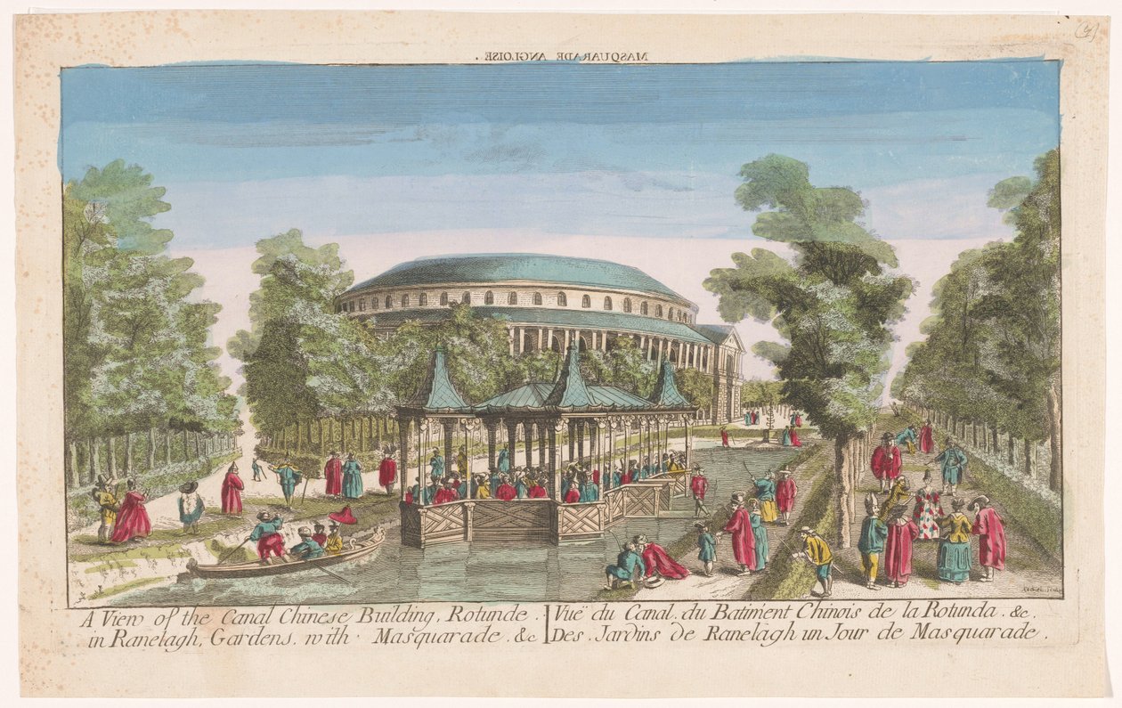 Vue de la Rotonde et du pavillon chinois sur le canal dans les jardins de Ranelagh à Londres avec un bal masqué - Anonymous