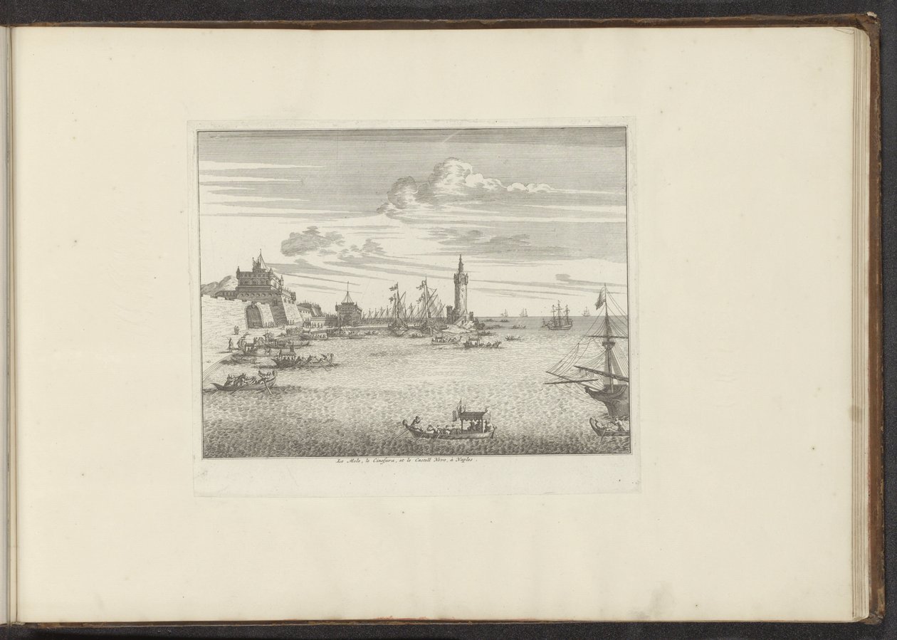 Vue du port avec un phare et un palais à Naples - Anonymous