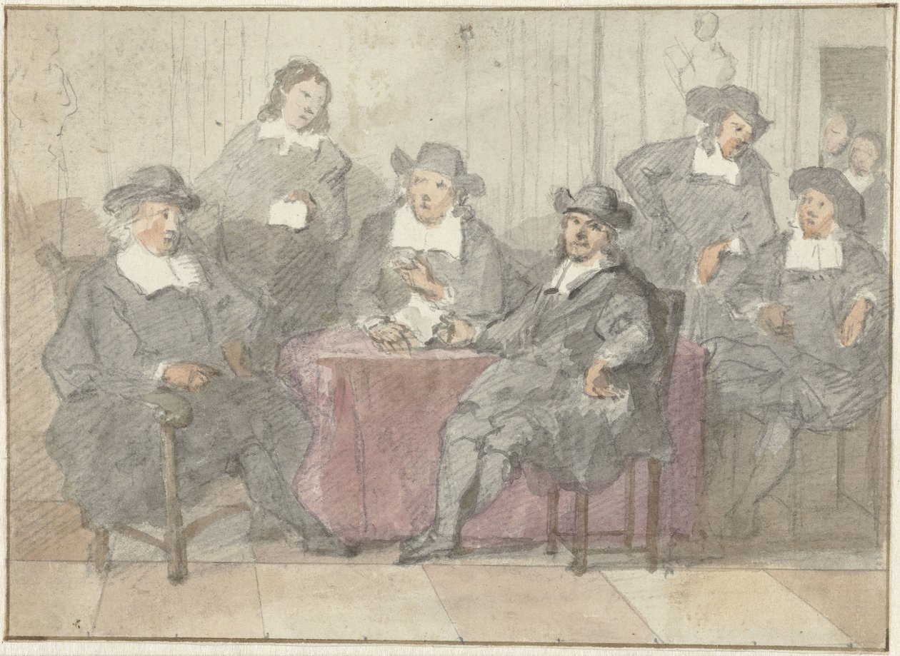 Portrait de groupe de six hommes assis et debout autour d