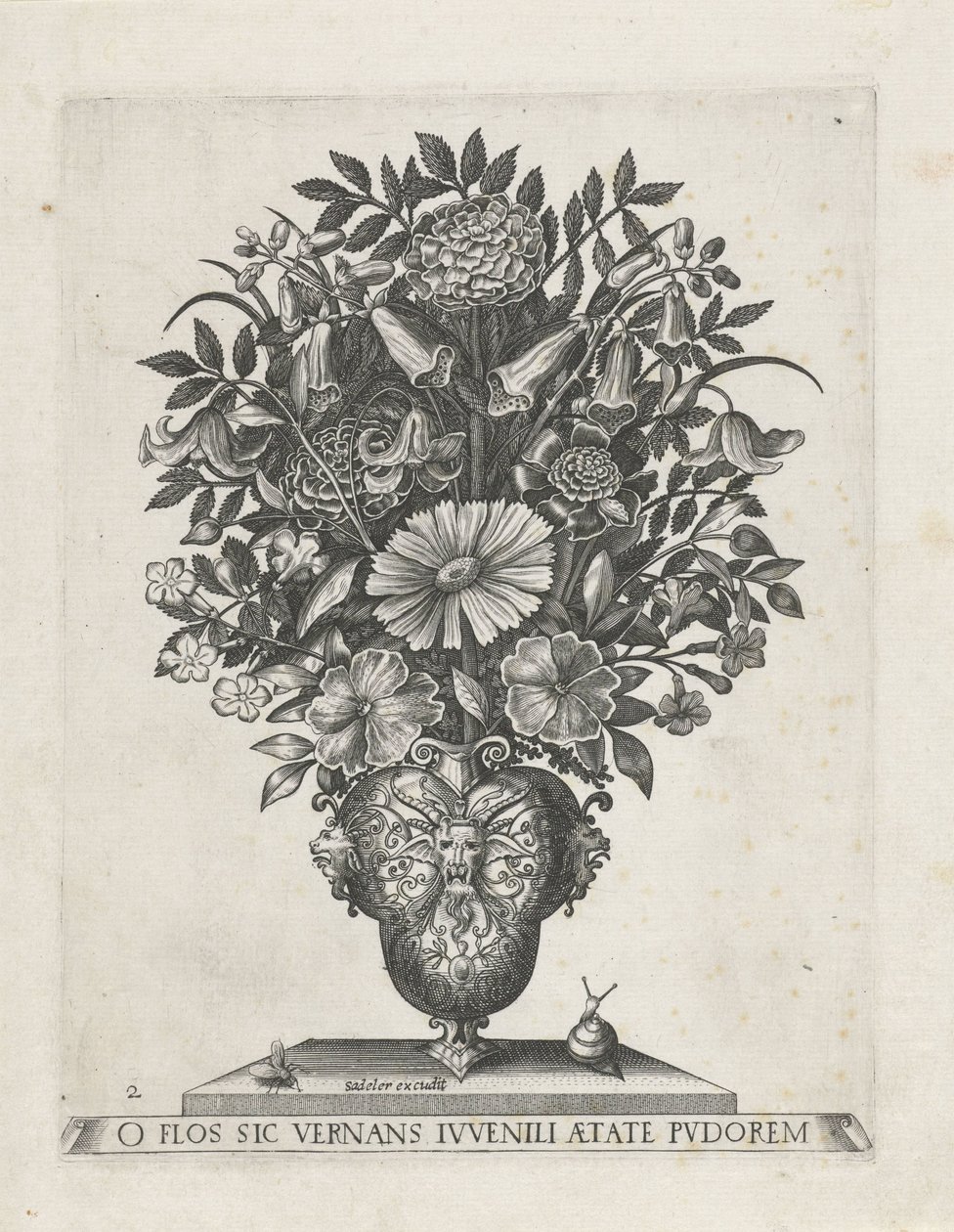 Vase grotesque avec trois mascarons (Vases avec fleurs) - Anonymous