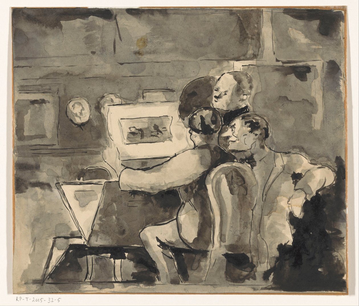 Intérieur avec trois hommes regardant une gravure - Anonymous