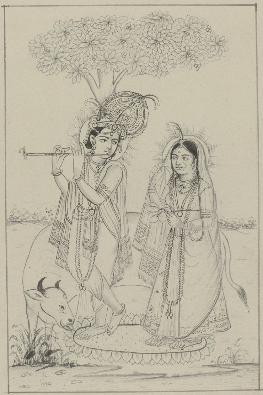 Krishna jouant de la flûte et Radha - Anonymous