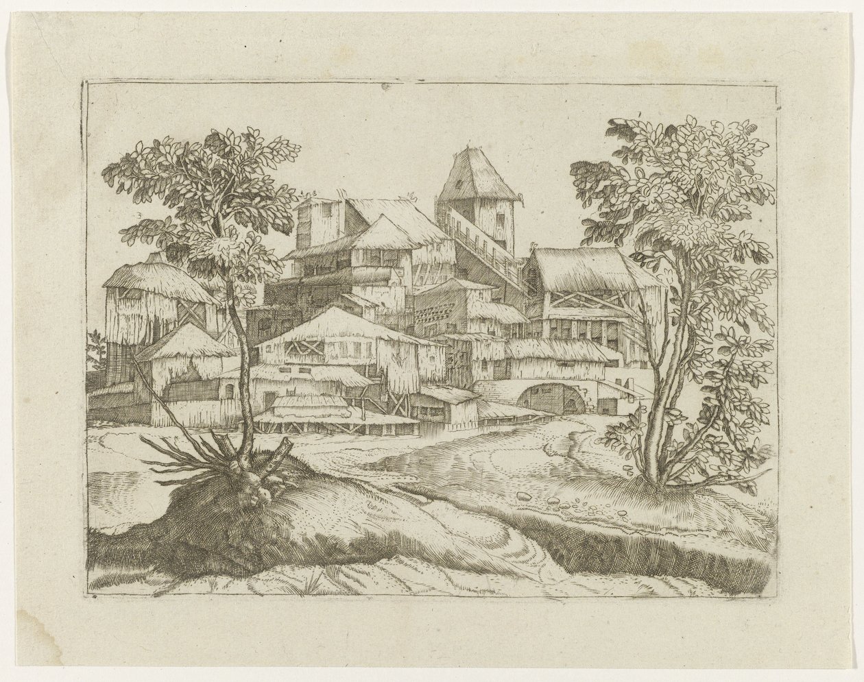 Paysage avec arbres et constructions - Anonymous