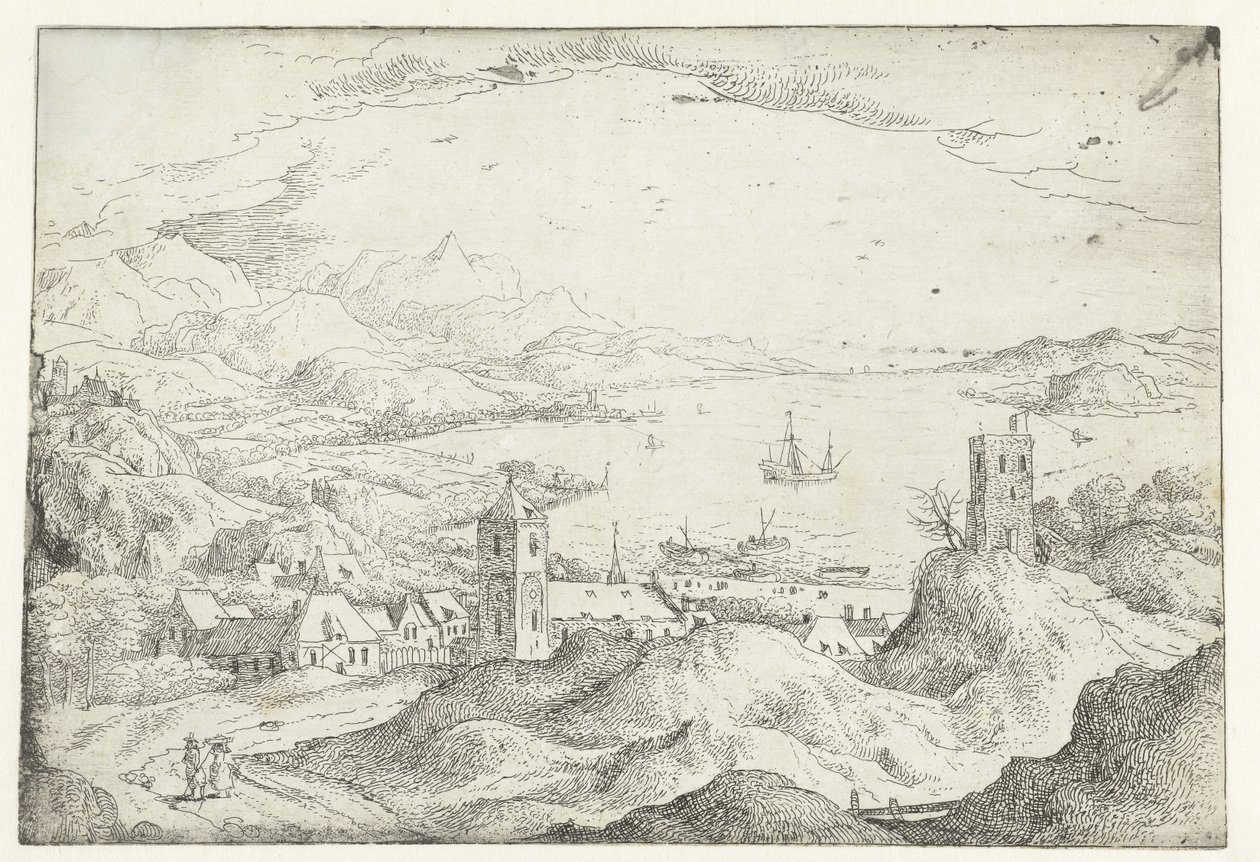 Paysage avec large rivière et village - Anonymous