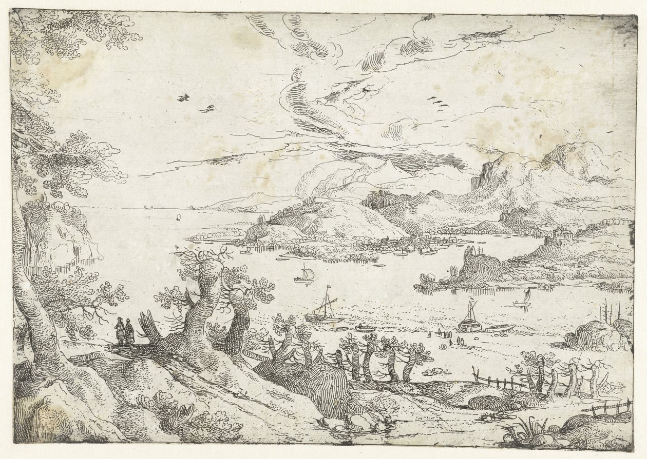Paysage avec large rivière entre collines - Anonymous