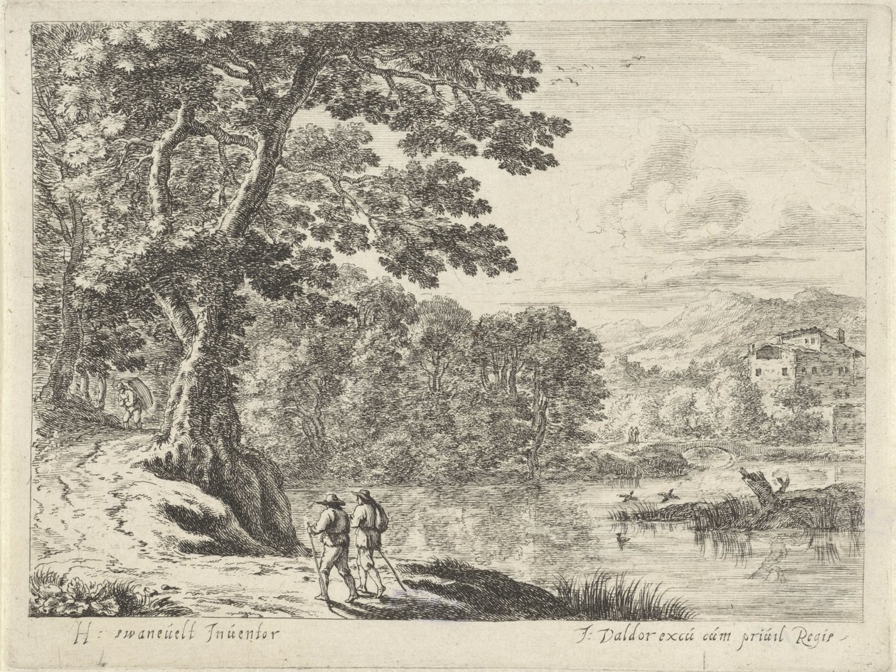 Paysage avec un colporteur et des promeneurs - Anonymous