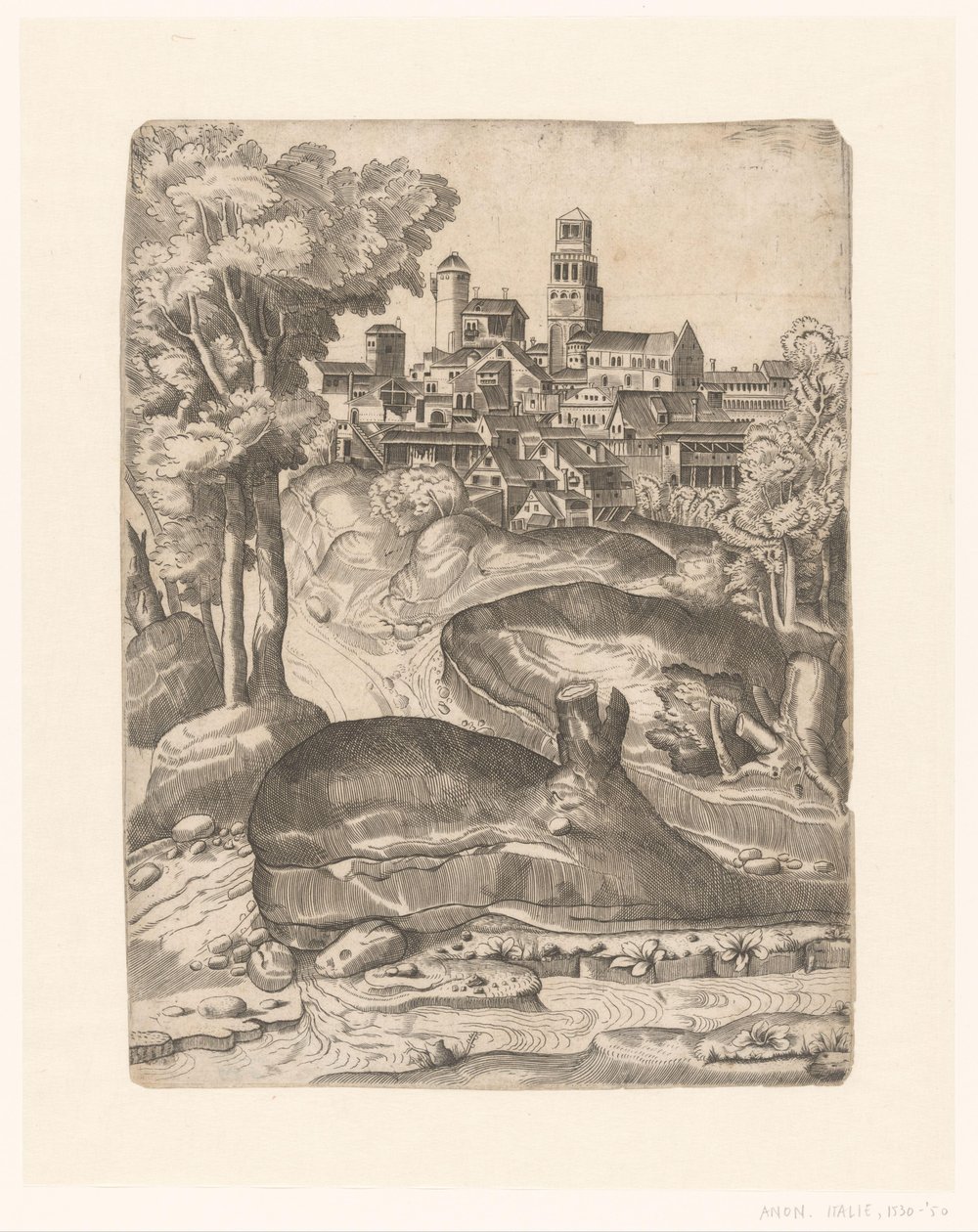 Paysage avec une rivière et une ville sur une colline - Anonymous