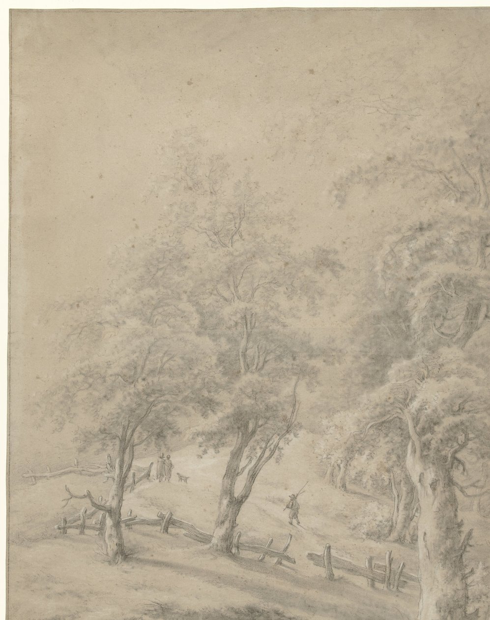 Paysage avec quelques figures sur un chemin derrière une barrière - Anonymous