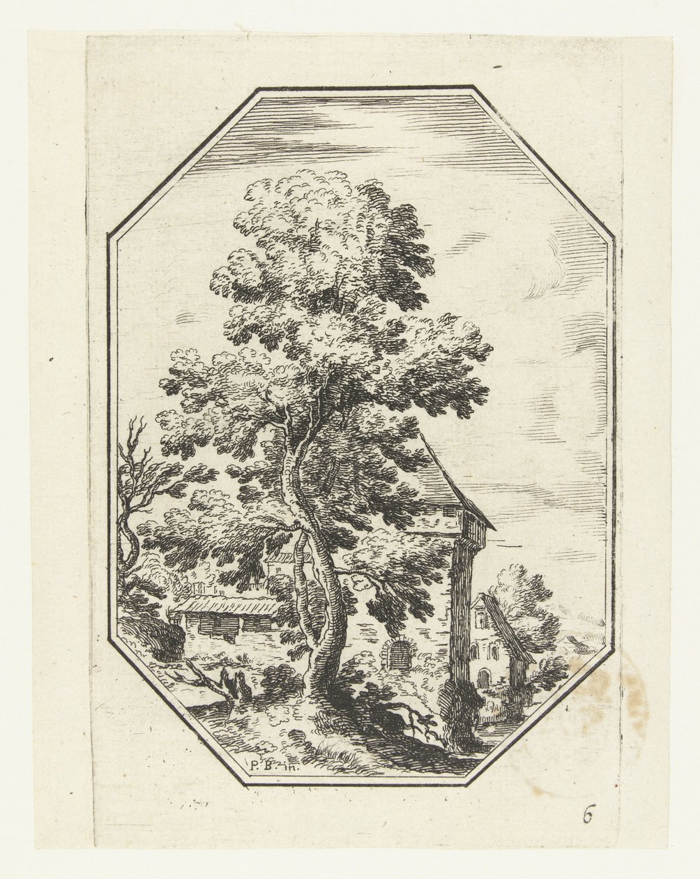 Paysage avec grand arbre dans un cadre octogonal (Paysages octogonaux) - Anonymous