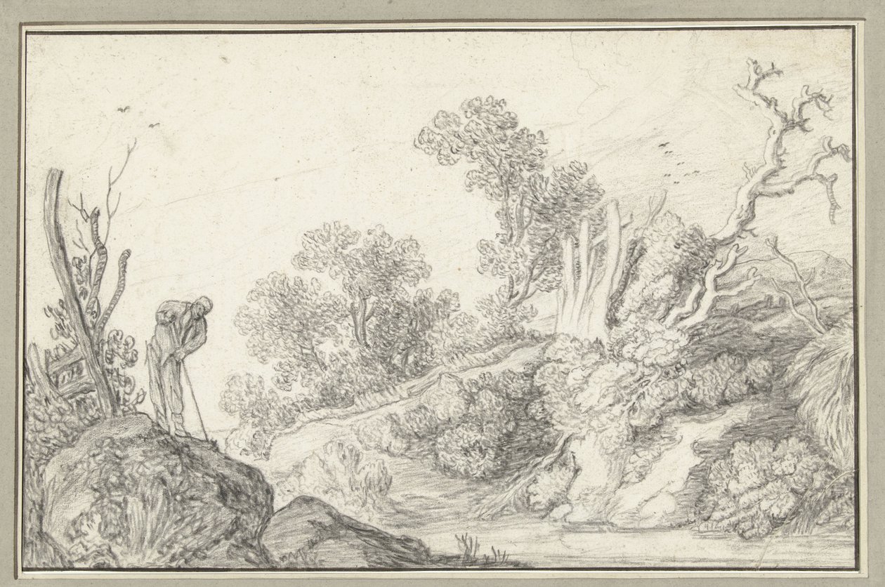 Paysage avec arbre nu et homme avec bâton - Anonymous