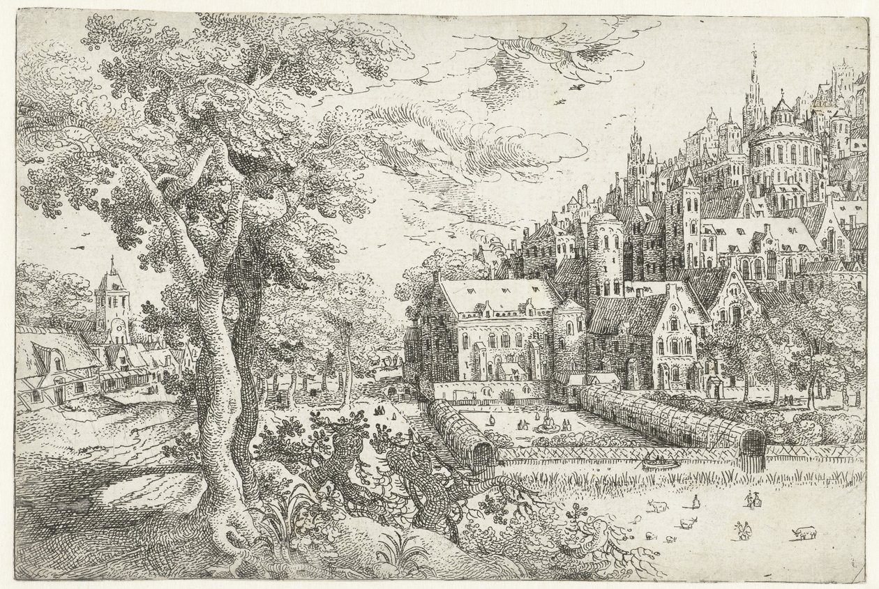 Paysage avec ville sur une colline - Anonymous