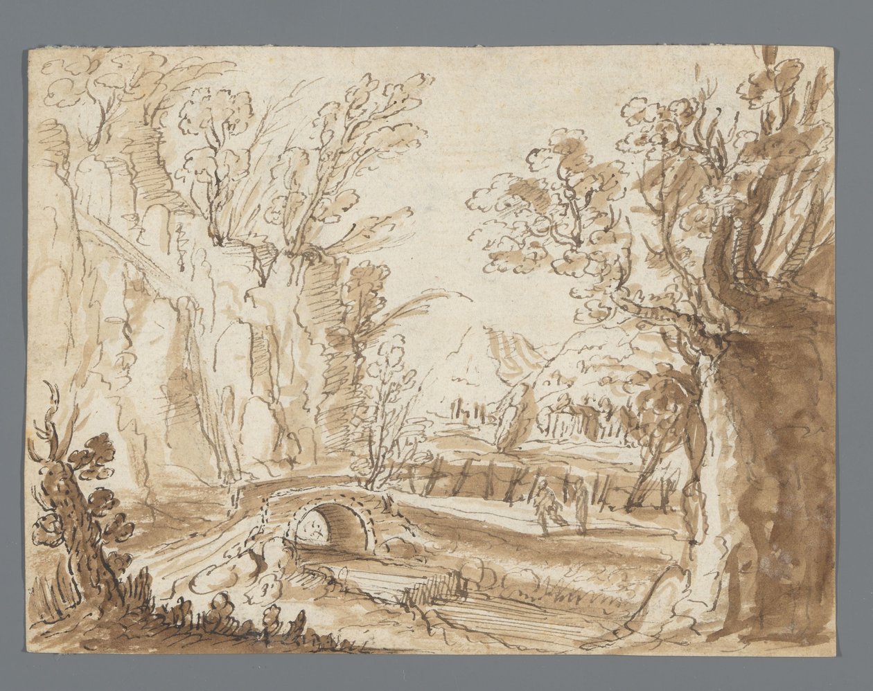 Paysage avec deux figures sur un chemin devant un pont en pierre - Anonymous