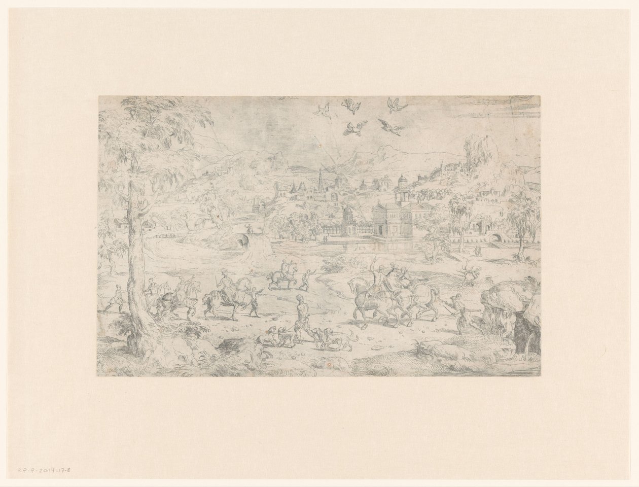 Paysage avec chasse au faucon sur des hérons - Anonymous