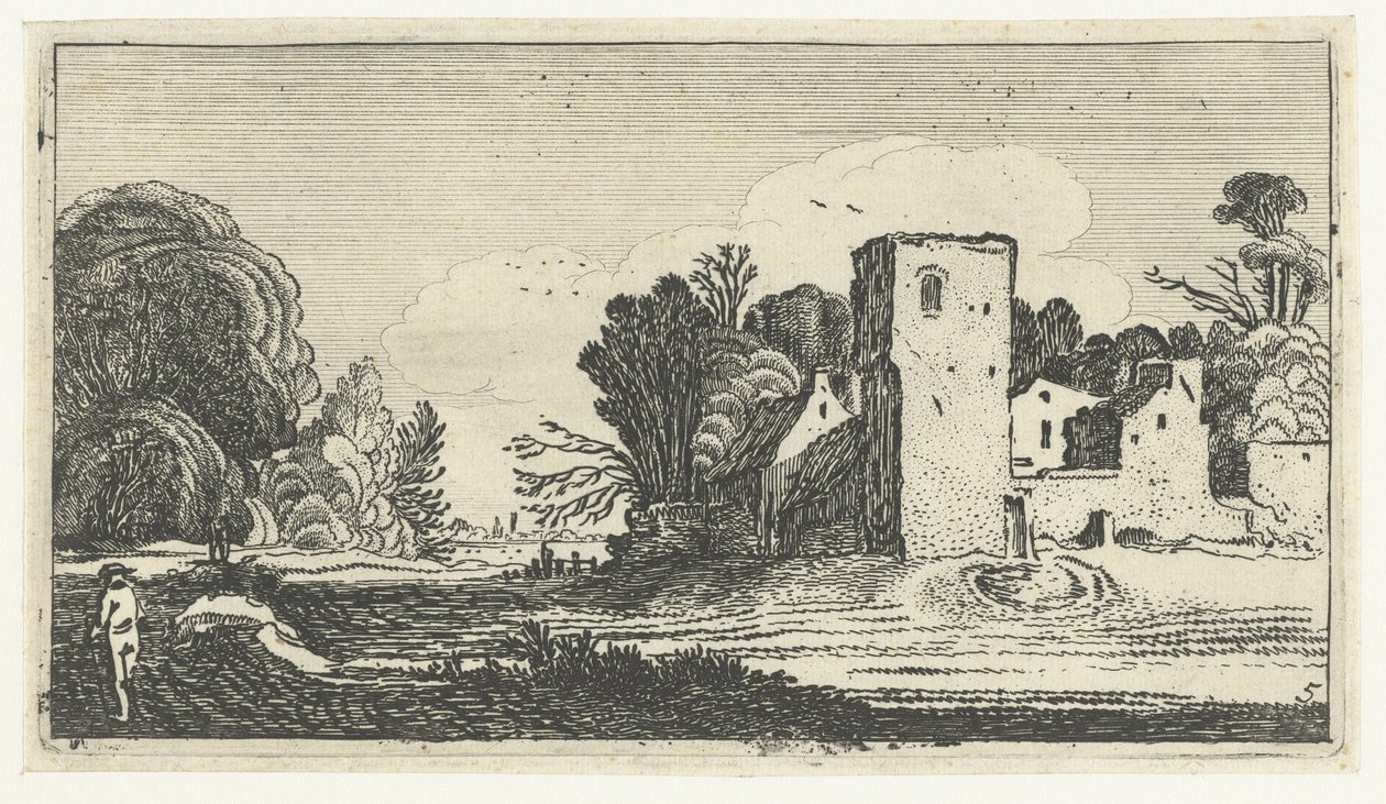 Paysage avec tour carrée près de maisons - Anonymous