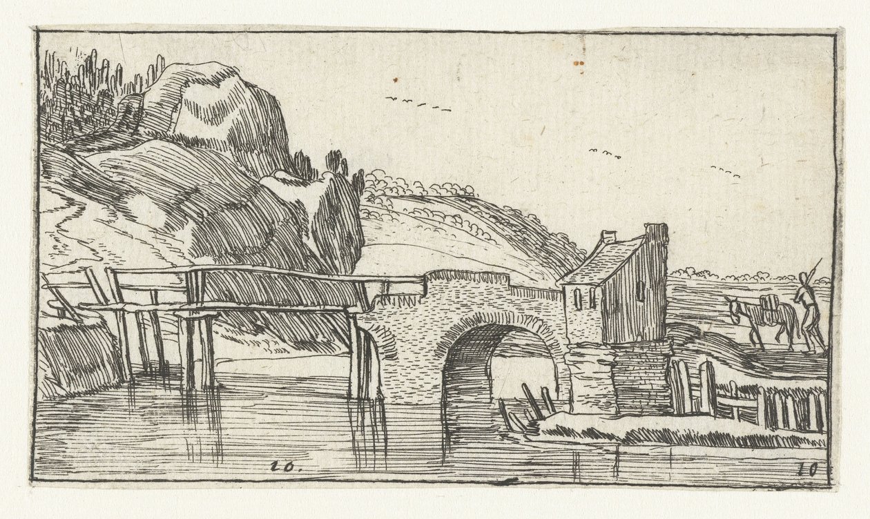 Homme conduisant un âne vers un pont - Anonymous