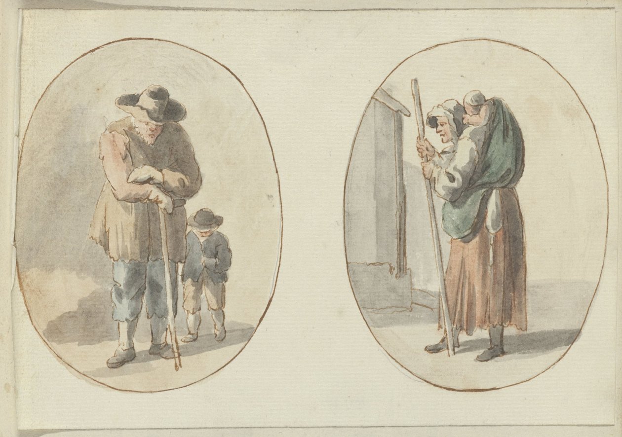 Homme avec enfant et femme avec enfant sur le dos - Anonymous
