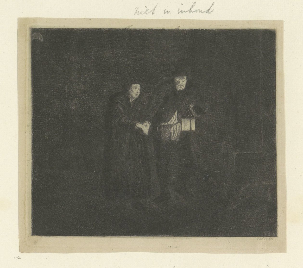 Homme avec une lanterne guidant un vieil homme ou un aveugle dans la nuit (Recueil de quatre-vingt-cinq estampes originales) - Anonymous