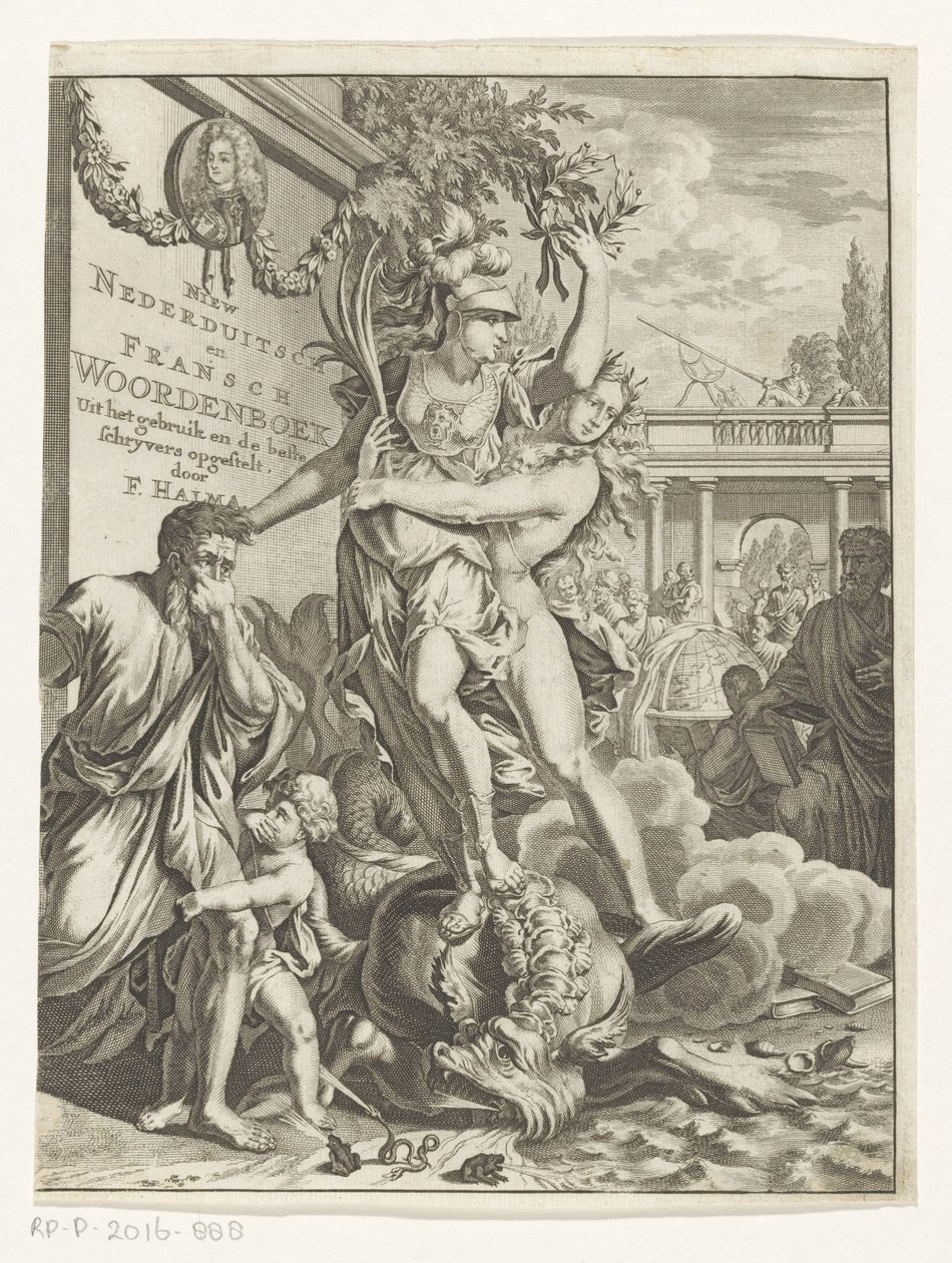 Minerva piétinant un monstre marin crachant du feu (Titrepage pour: François Halma, Woordenboek der Nederduitsche en Fransche taalen, 1710) - Anonymous