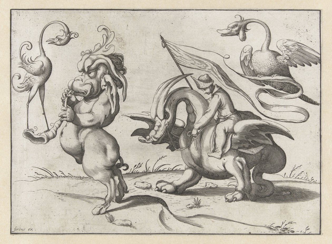 Monster met trompet en soort kraanvogel - Anonymous