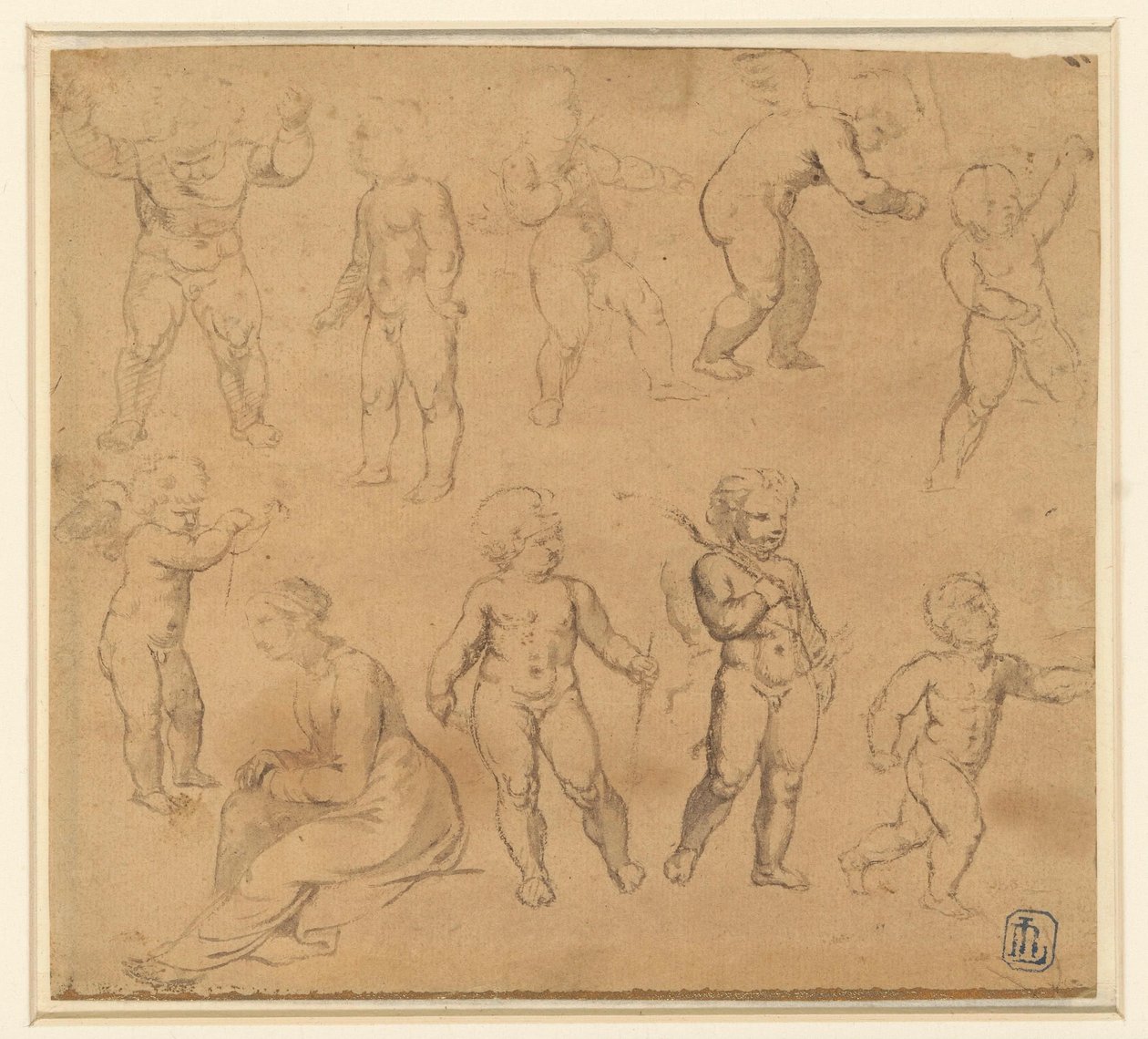 Neuf études de putti et une femme assise à gauche - Anonymous