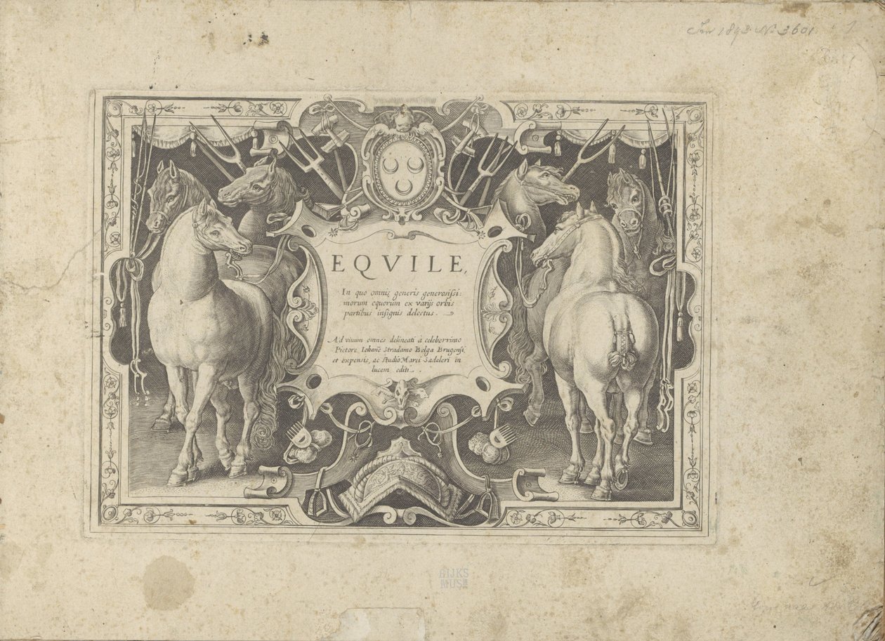 Cartouche ornemental avec titre flanqué de chevaux - Anonymous