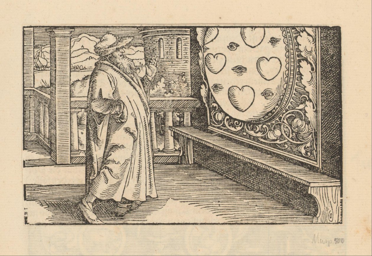 Vieil homme devant un miroir avec des cœurs et des yeux - Anonymous